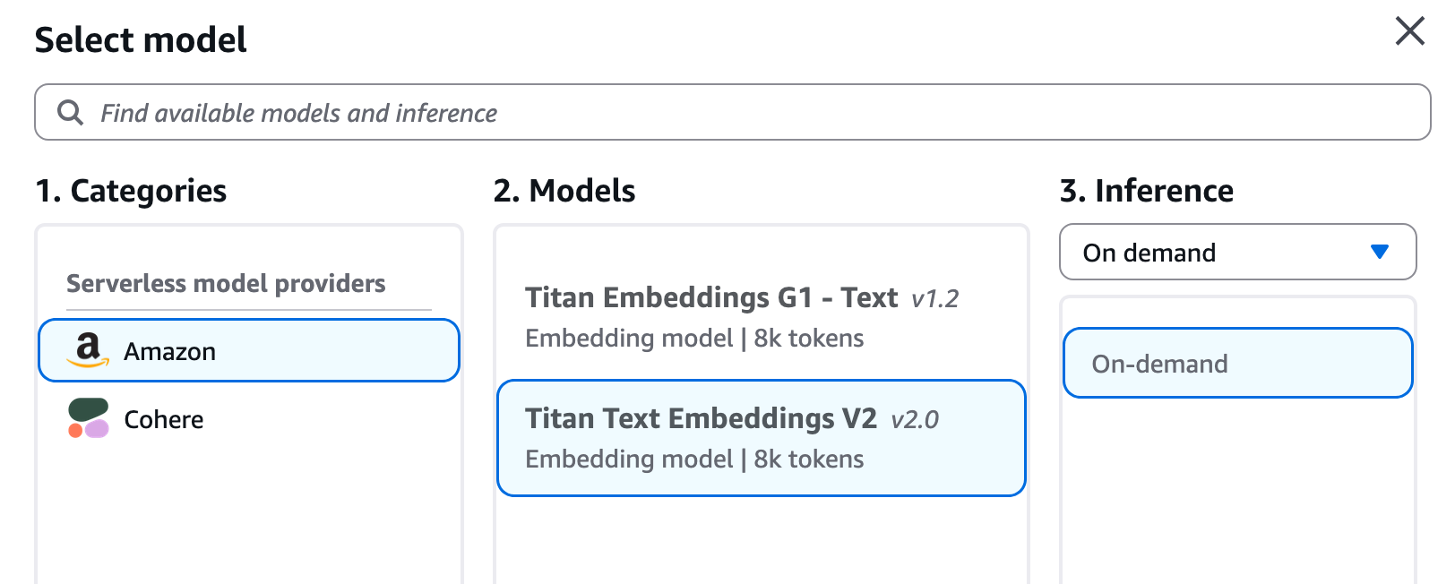 Amazon Bedrock model selection dialog showing Amazon model provider, Titan Text Embeddings V2 selected, and on-demand inference